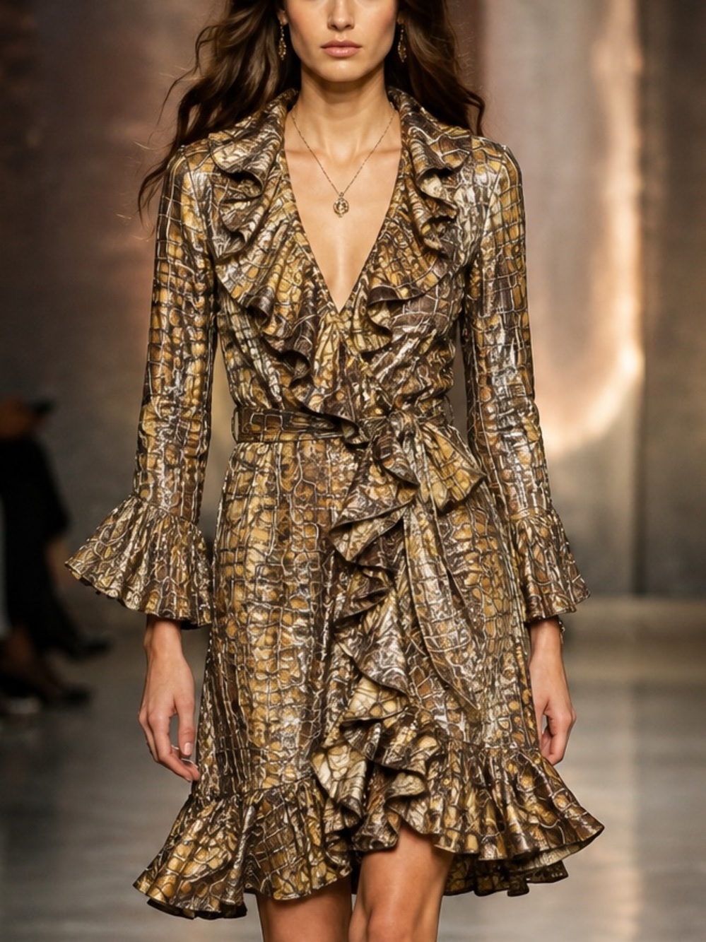 Alberto Makali Crocodile Print Ruffle Jacket Brown Gold Size M NWT